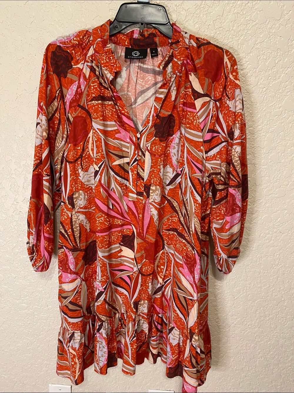 G by Giuliana Orange, Pink & Brown Printed Long Sleeve Dress Medium